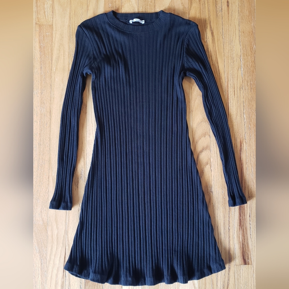 Zara Black Cotton Ribbed Flare Dress, Size M